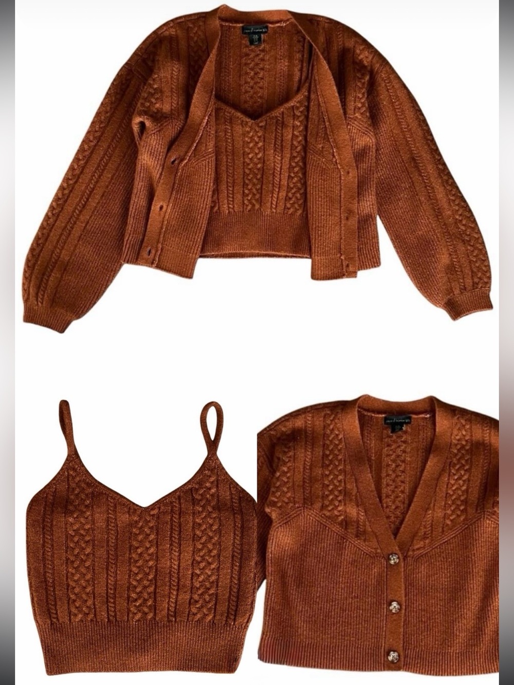 House of Harlow 1960 Cable Knit Cardigan & Cropped Tank Set - Ginger Rust Medium